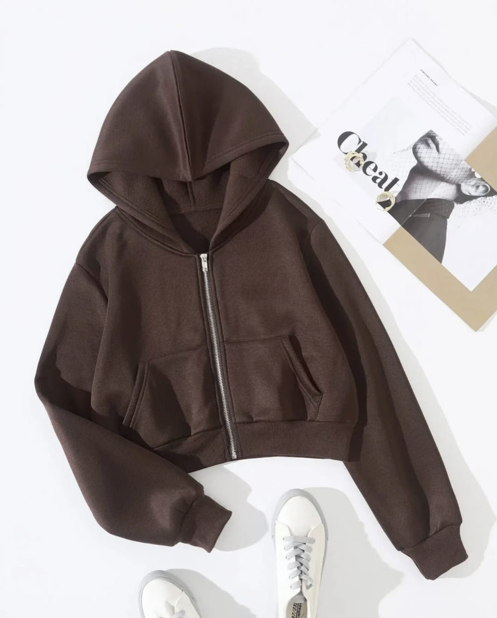 Brown Cropped Zipper Hoodie