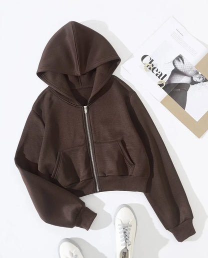 Brown Cropped Zipper Hoodie