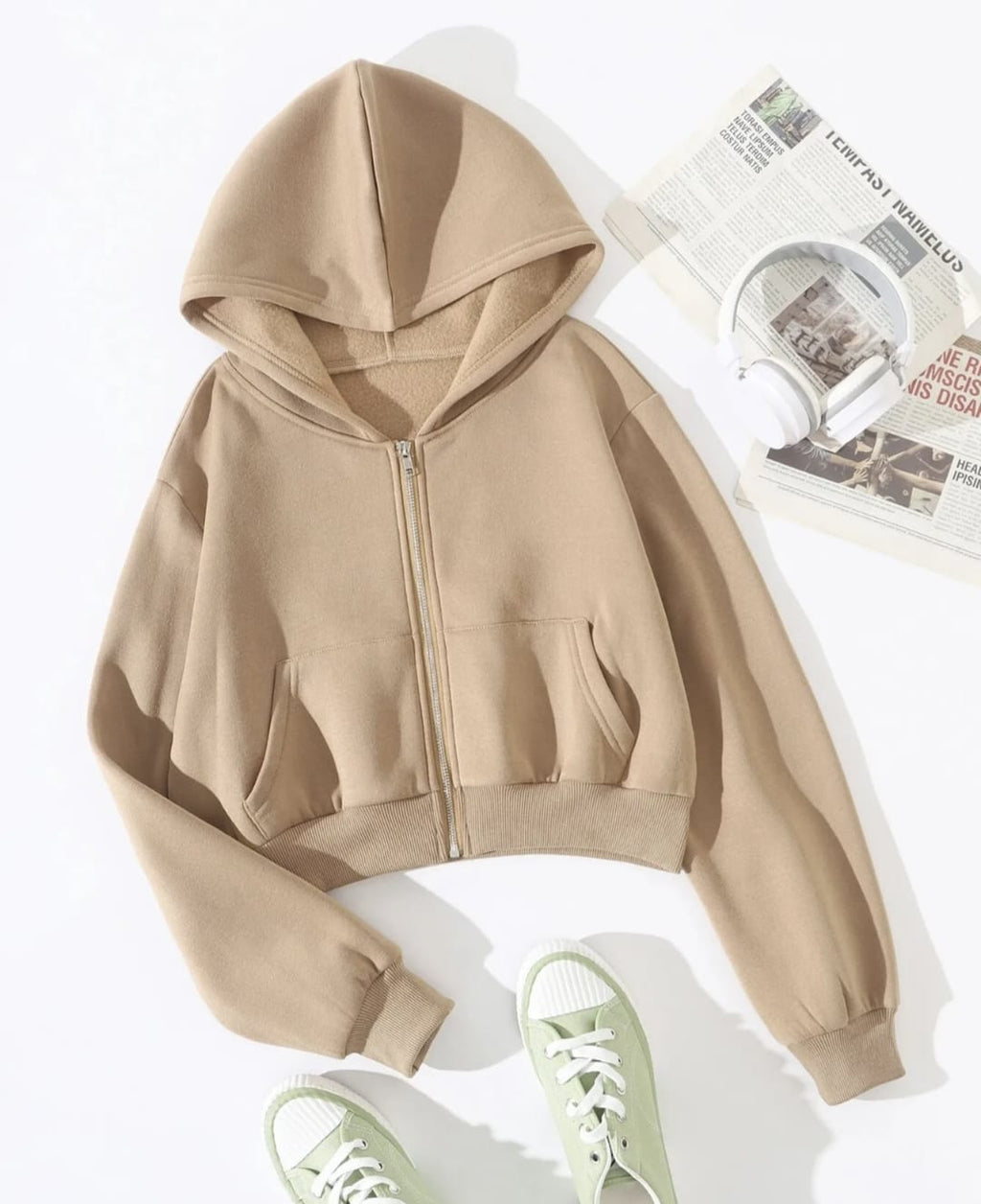 Beige Cropped Zipper Hoodie