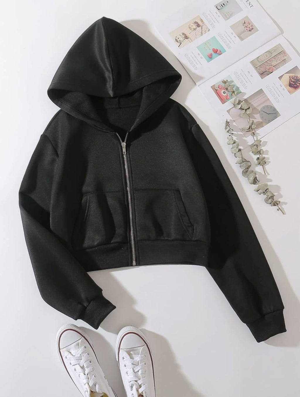 Black Cropped Zipper Hoodie