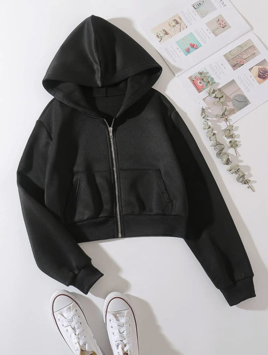Black Cropped Zipper Hoodie