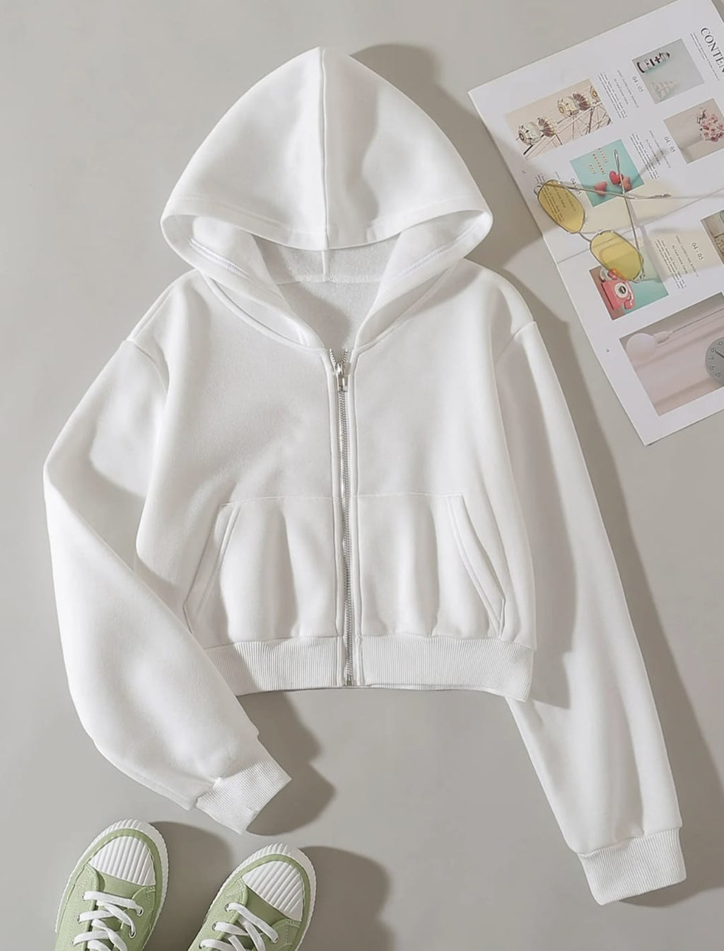 White Cropped Zipper Hoodie