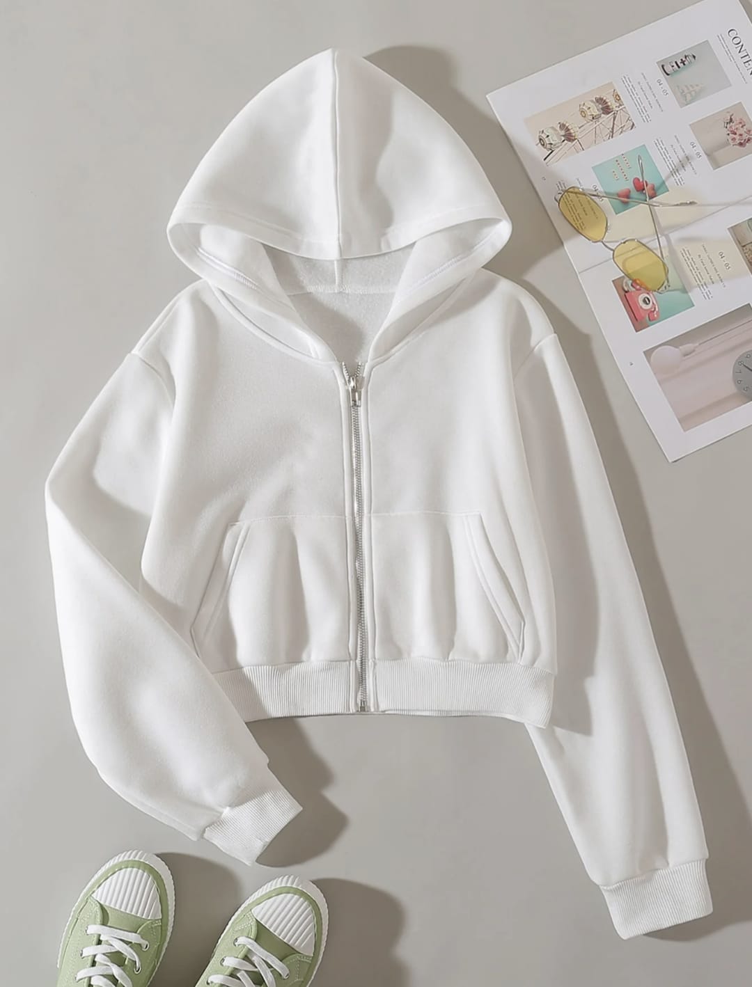 White Cropped Zipper Hoodie