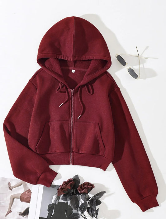 Maroon Cropped Zipper Hoodie