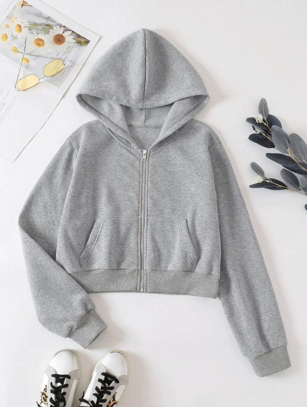 Grey Cropped Zipper Hoodie