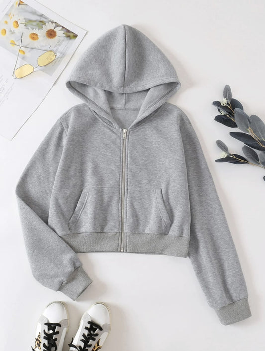 Grey Cropped Zipper Hoodie