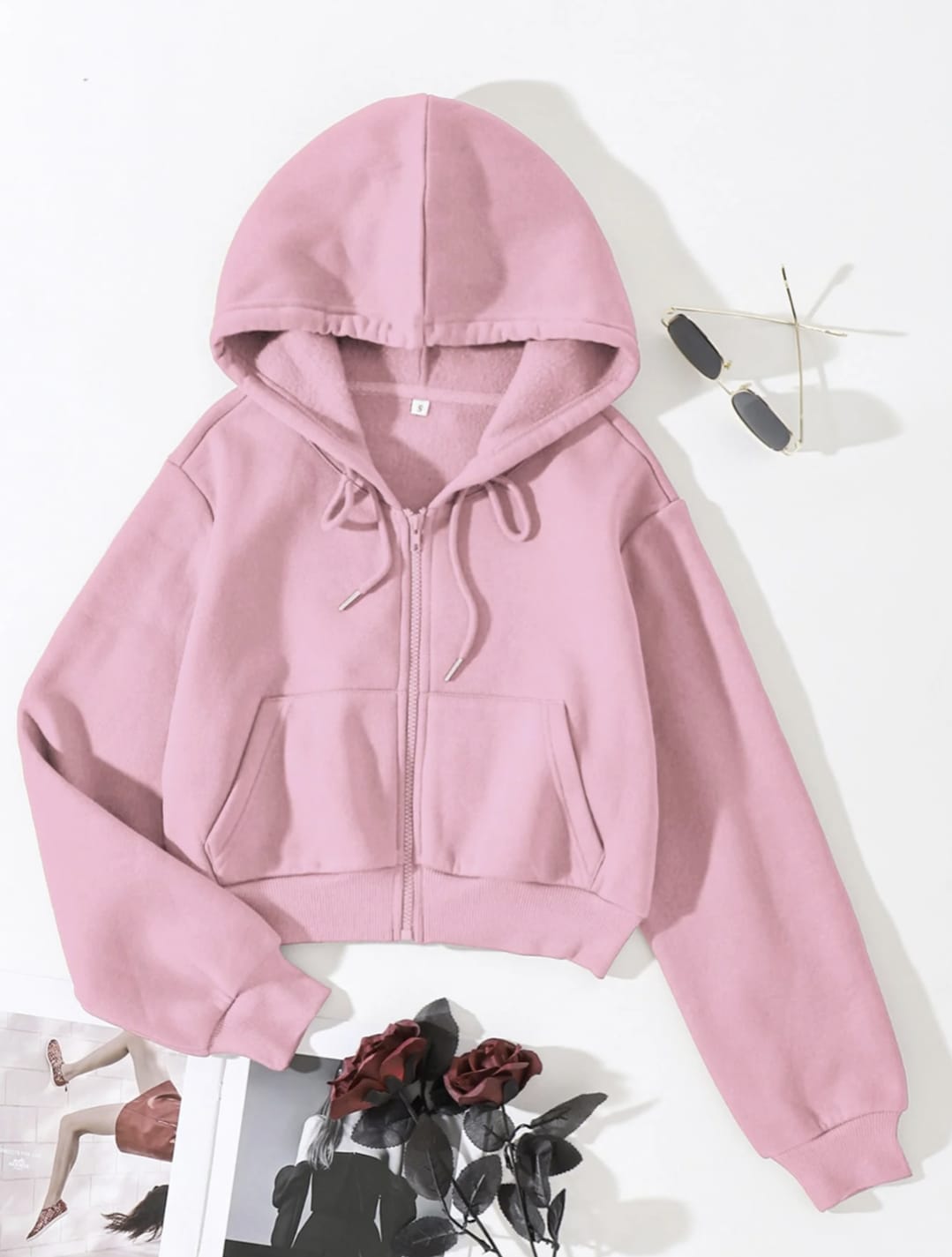 Pink Cropped Zipper Hoodie