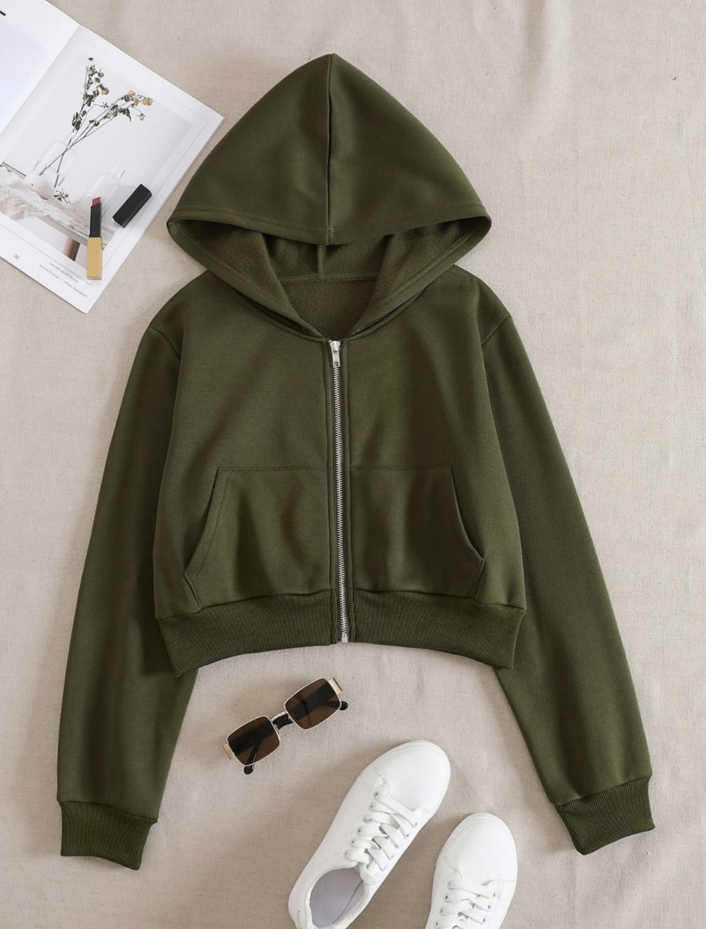 Olive Green Cropped Zipper Hoodie