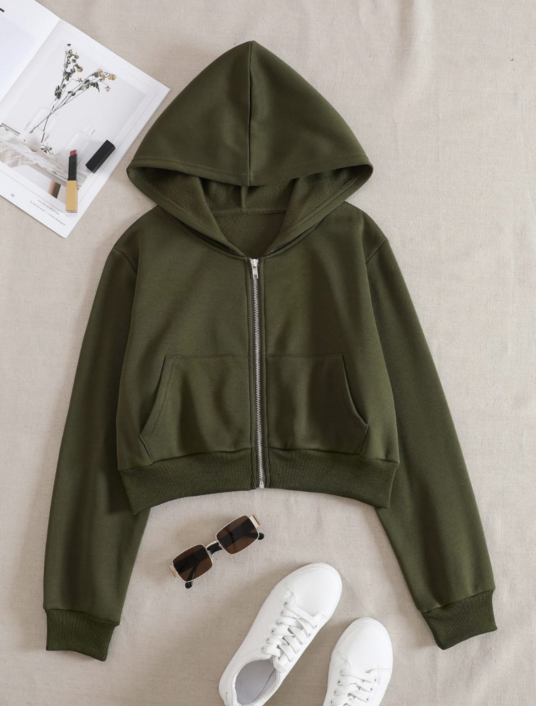 Olive Green Cropped Zipper Hoodie