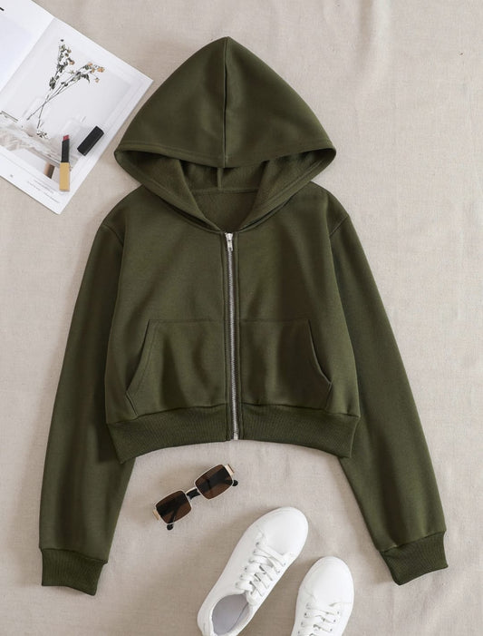 Olive Green Cropped Zipper Hoodie
