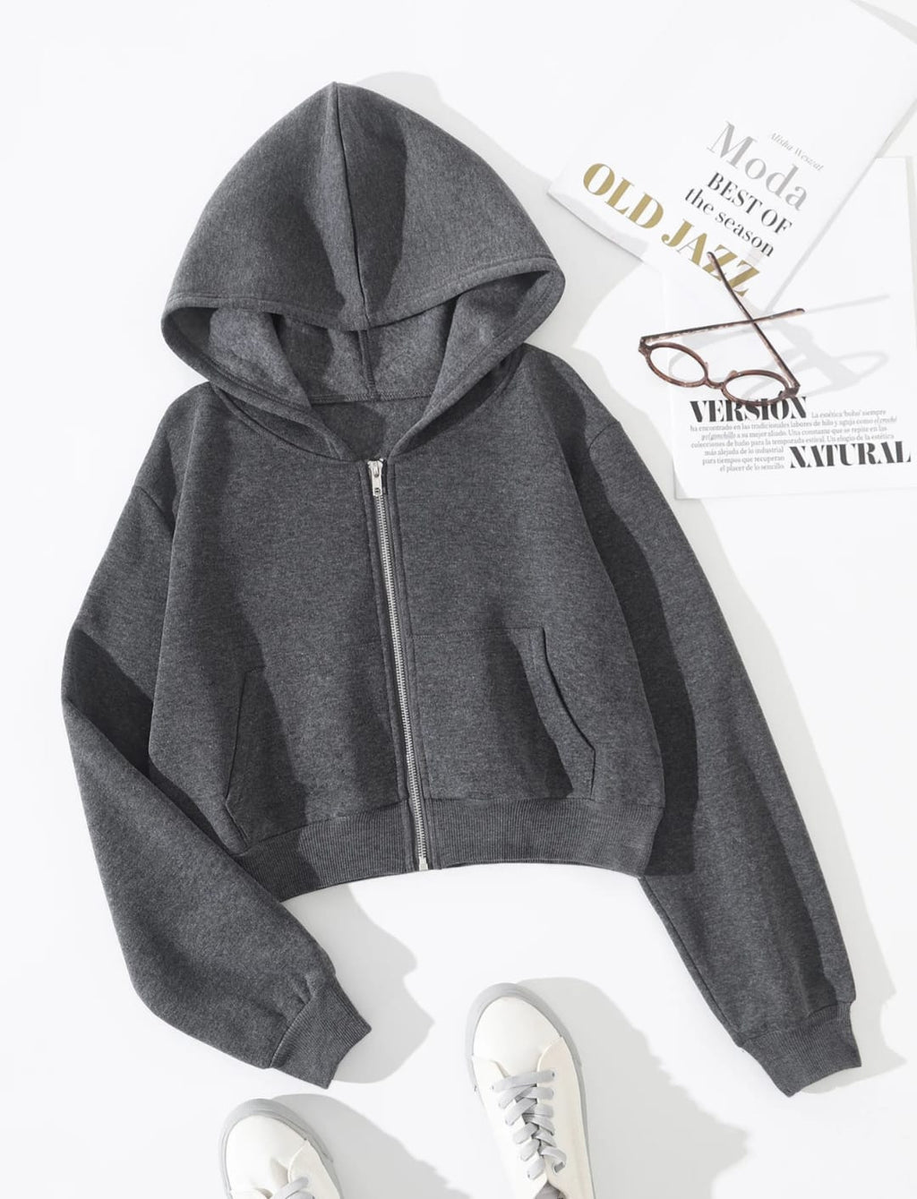 Charcoal Grey Cropped Zipper Hoodie