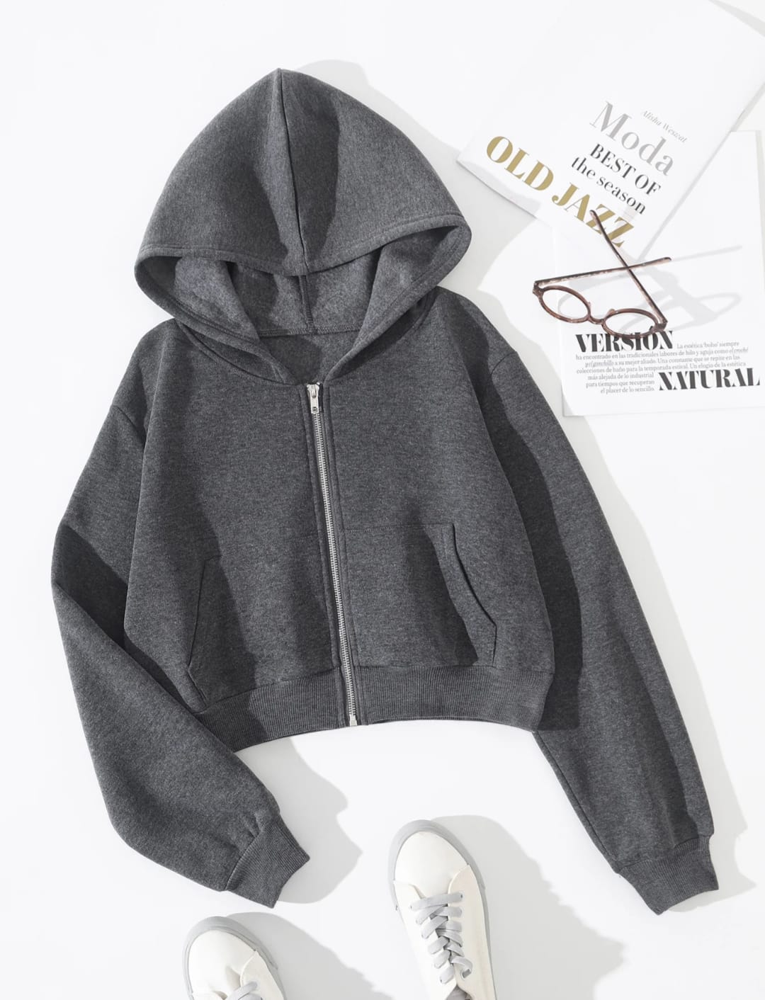 Charcoal Grey Cropped Zipper Hoodie