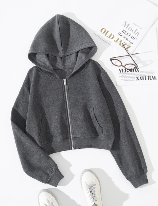 Charcoal Grey Cropped Zipper Hoodie