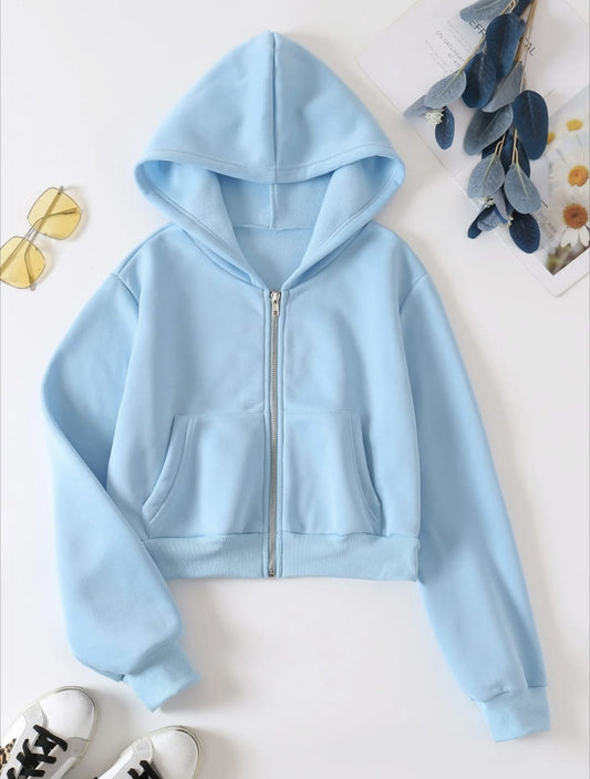 Sky Blue Cropped Zipper Hoodie
