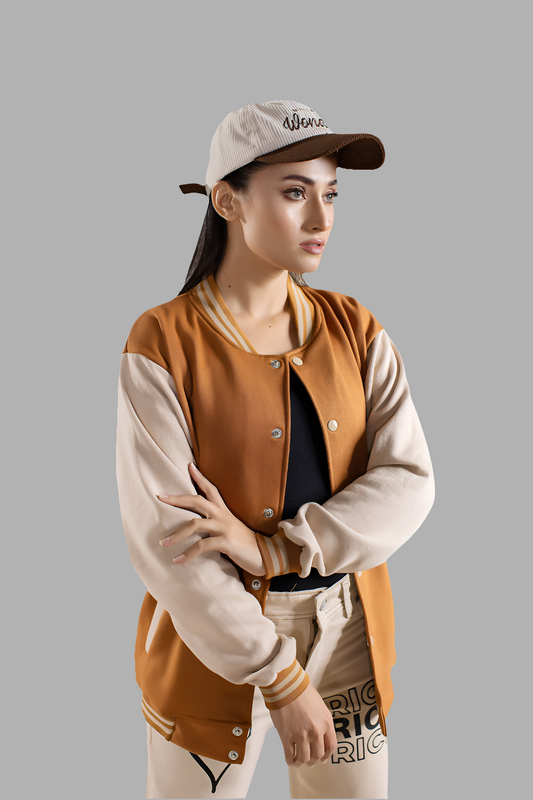 Women's Button Down Baseball Varsity Bomber Jacket Mustard