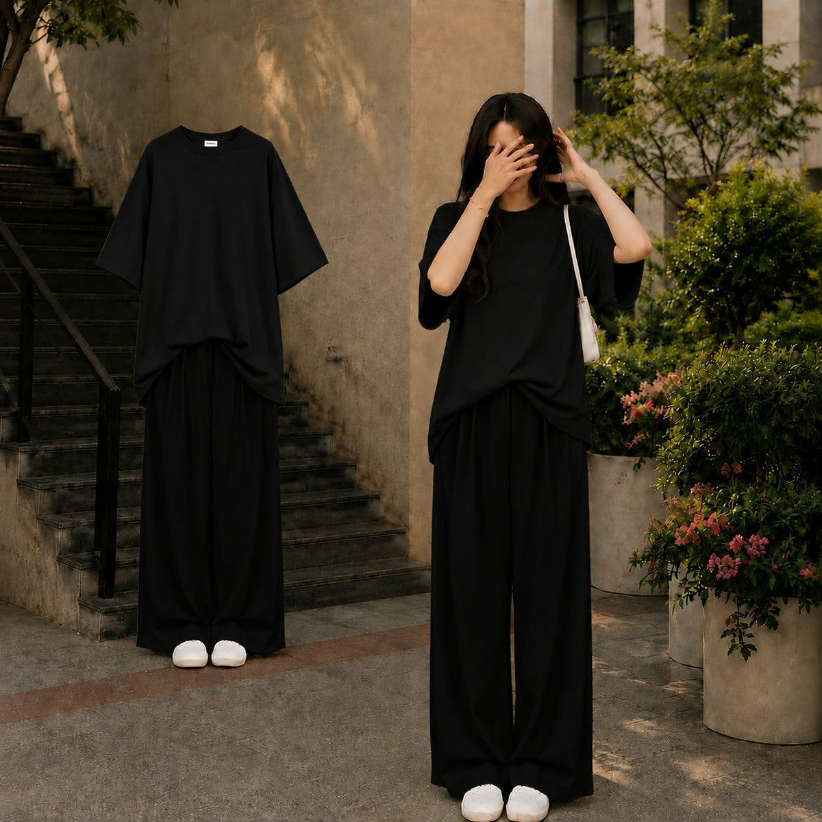 Oversized Black Tee With Black Flapper