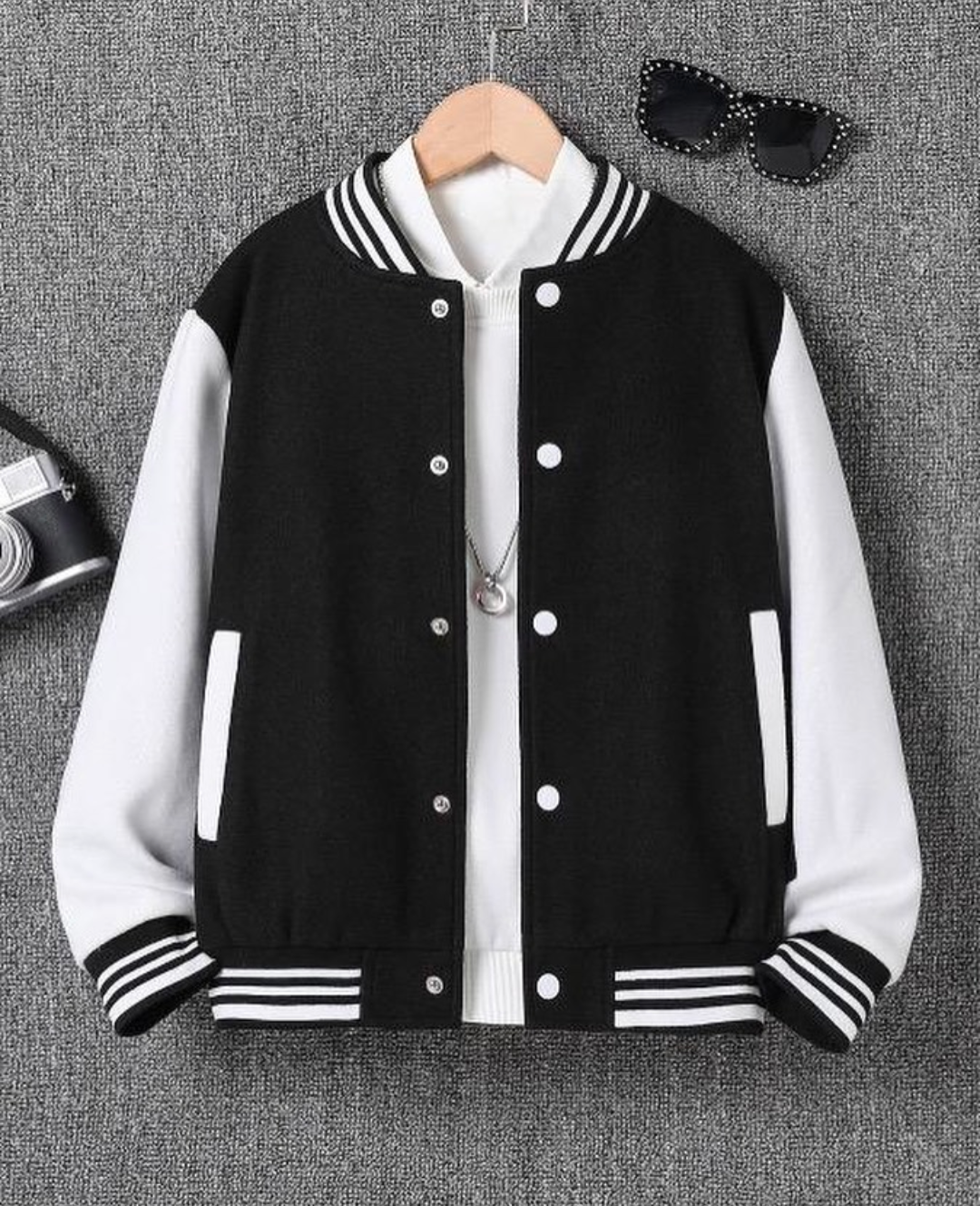 Women's Button Down Baseball Varsity Bomber Jacket Black