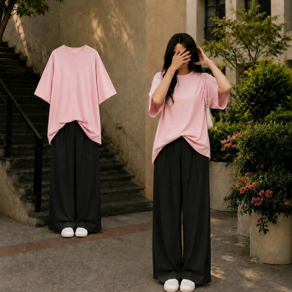 Oversized Pink Tee With Black Flapper