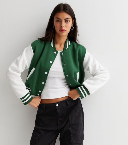 Women's Button Down Baseball Varsity Bomber Jacket Green