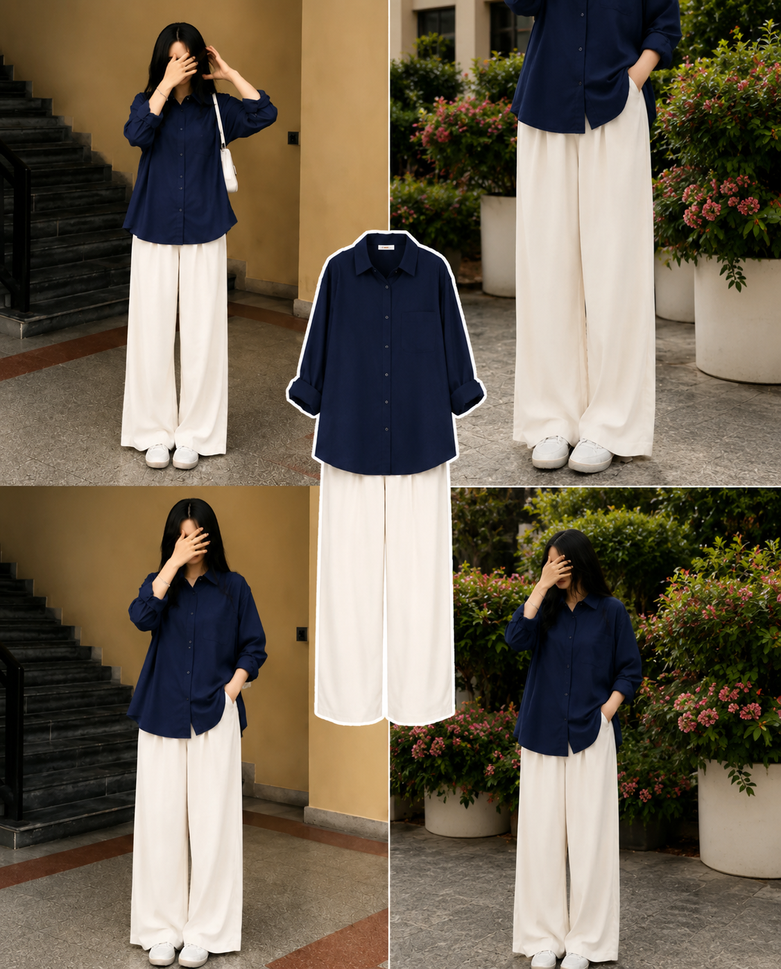 Navy Blue Button Down Shirt & White Flapper Combo