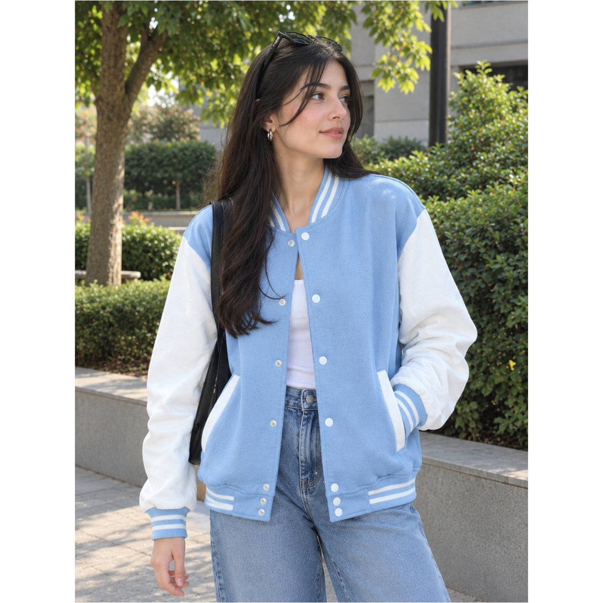 Women's Button Down Baseball Varsity Bomber Jacket Sky Blue