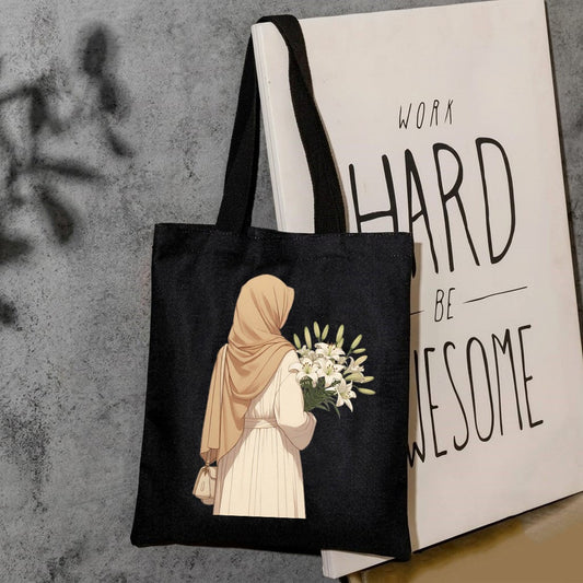 hijab girl holding flower bouquet tote bag
