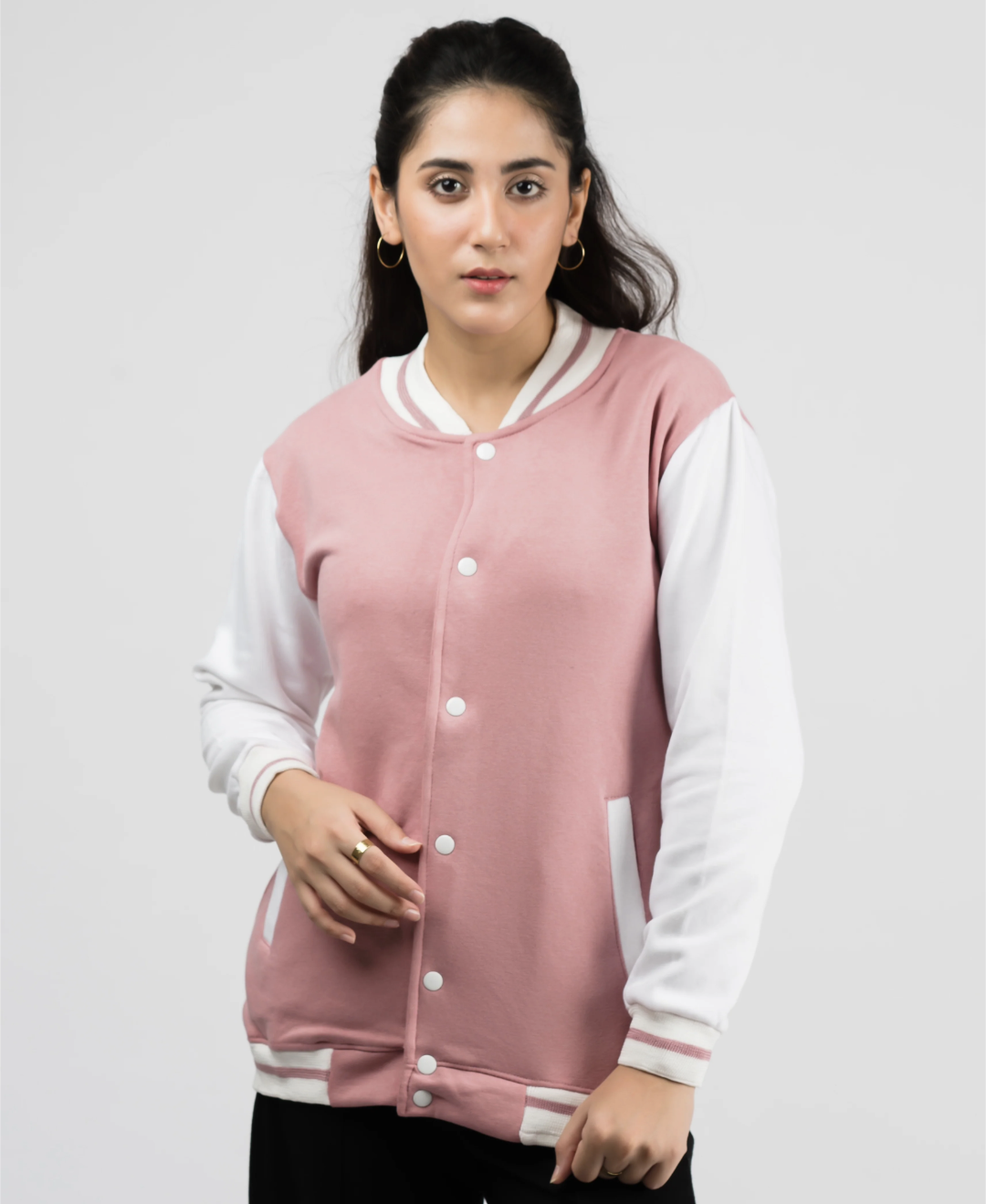 Women's Button Down Baseball Varsity Bomber Jacket Pink