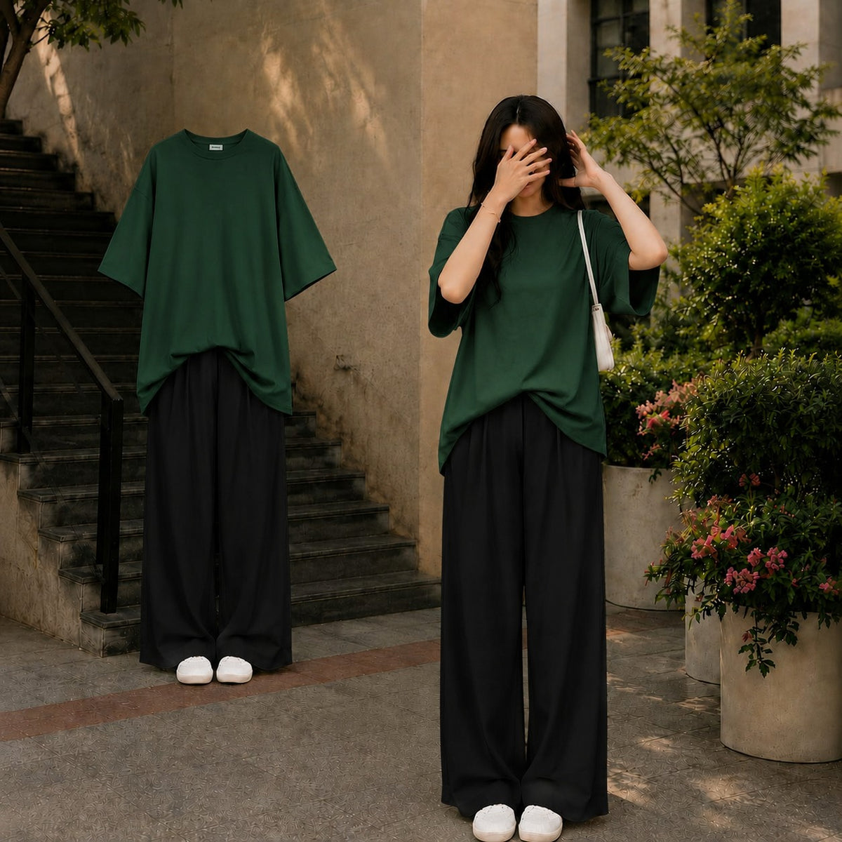 Oversized Bottle Green Tee With Black Flapper