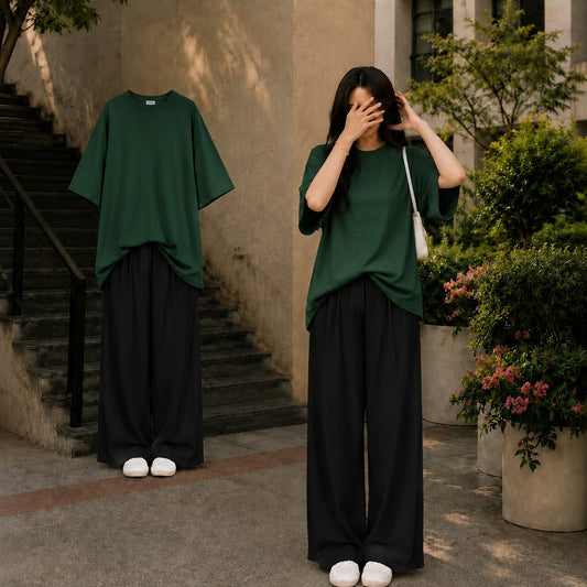 Oversized Bottle Green Tee With Black Flapper