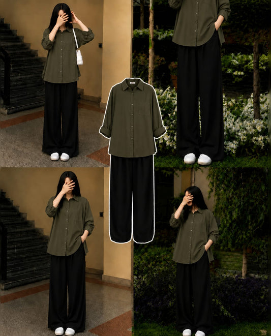 Olive Green Button Down Shirt & Black Flapper Combo