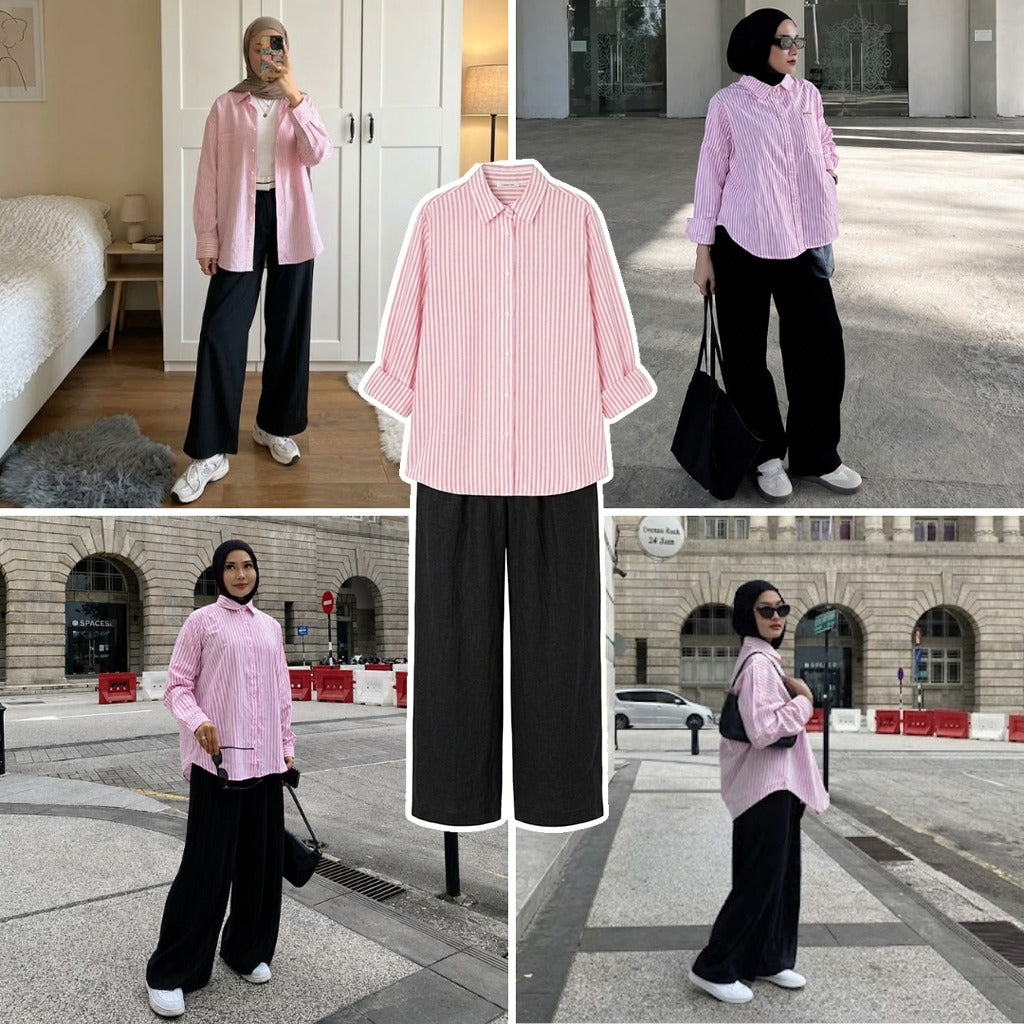 Pink Striped Button Down Shirt & Black Flapper Combo