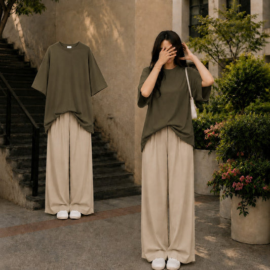 Olive Green Oversized Tee With Beige Flapper
