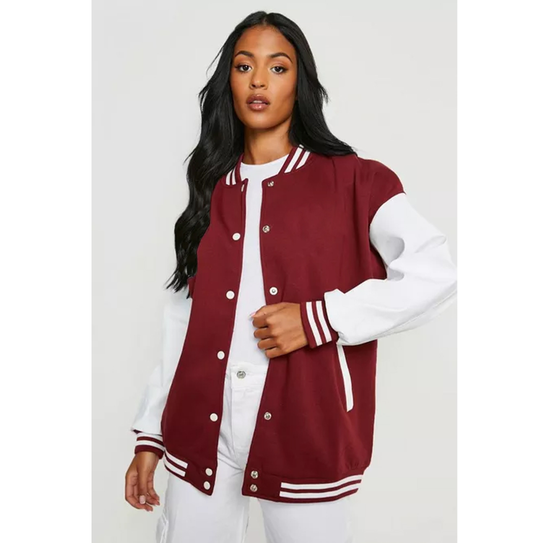 Women's Button Down Baseball Varsity Bomber Jacket Maroon