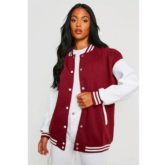 Women's Button Down Baseball Varsity Bomber Jacket Maroon