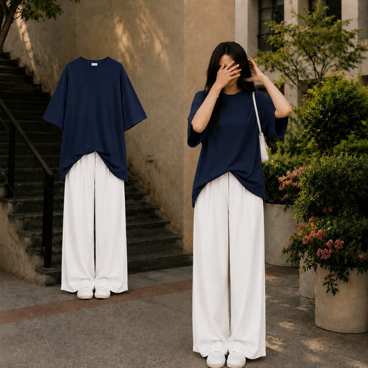 Oversized Navy Blue Tee With White Flapper