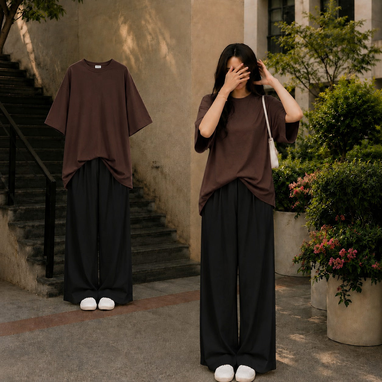 Oversized Brown Tee With Black Flapper