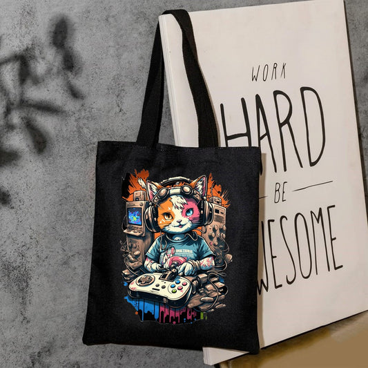 Gaming cat canvas tote bag
