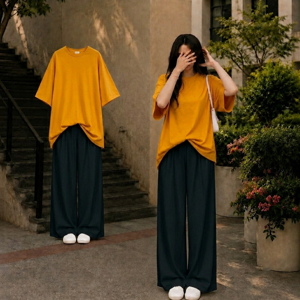 Oversized Mustard Tee With Black Flapper