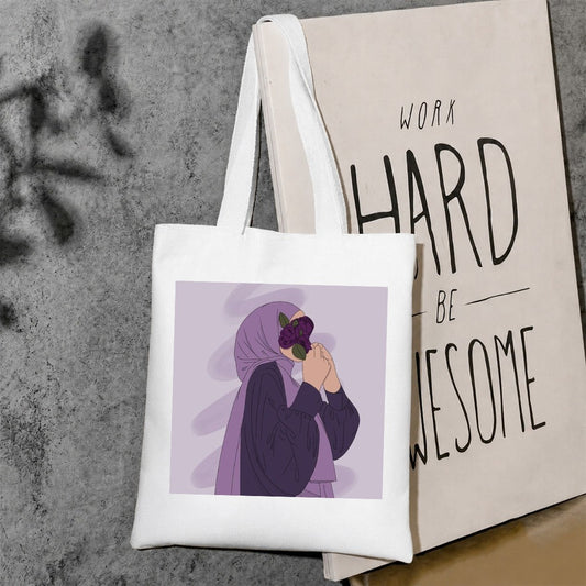 Purple aesthetic hijab girl tote bag