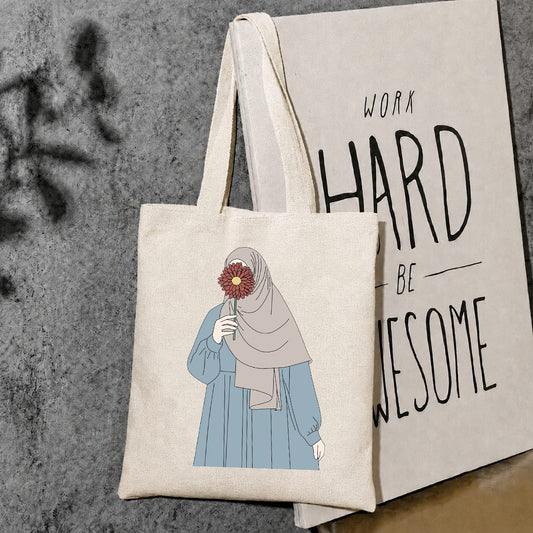 Hiding face hijab girl tote bag