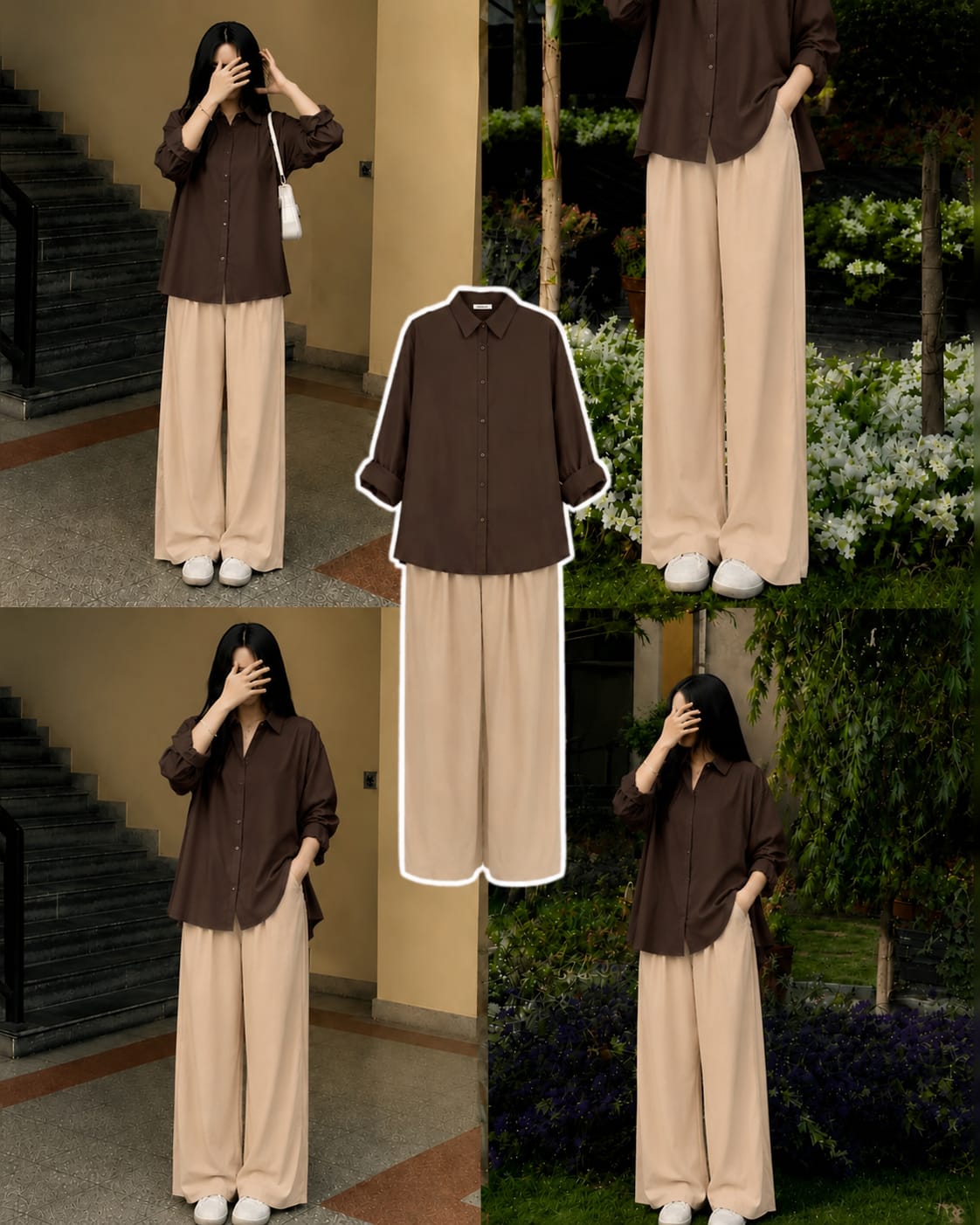 Brown Button Down Shirt & Beige Flapper Combo