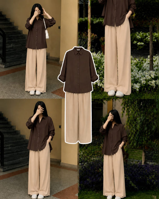 Brown Button Down Shirt & Beige Flapper Combo
