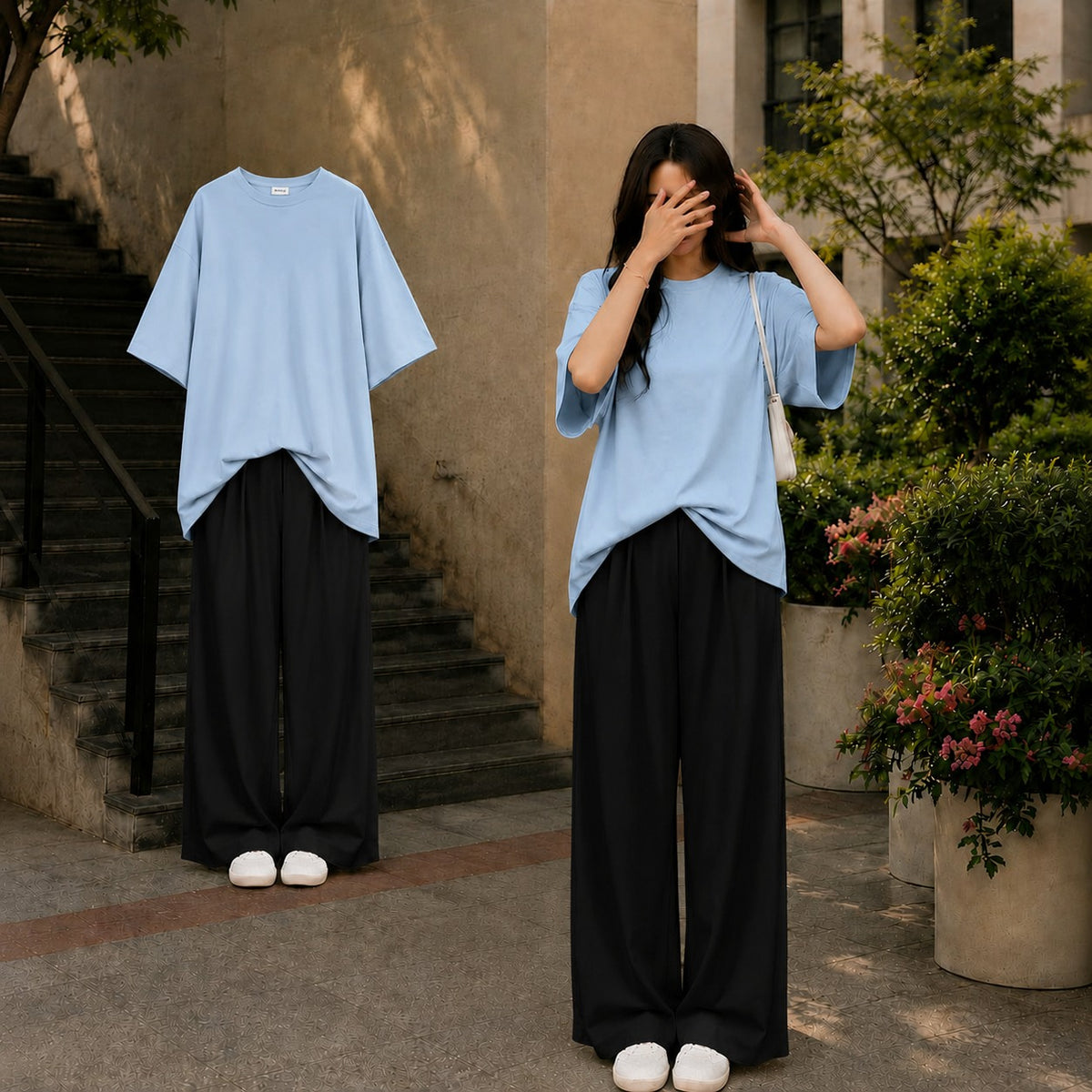 Oversized Sky-Blue Tee With Black Flapper