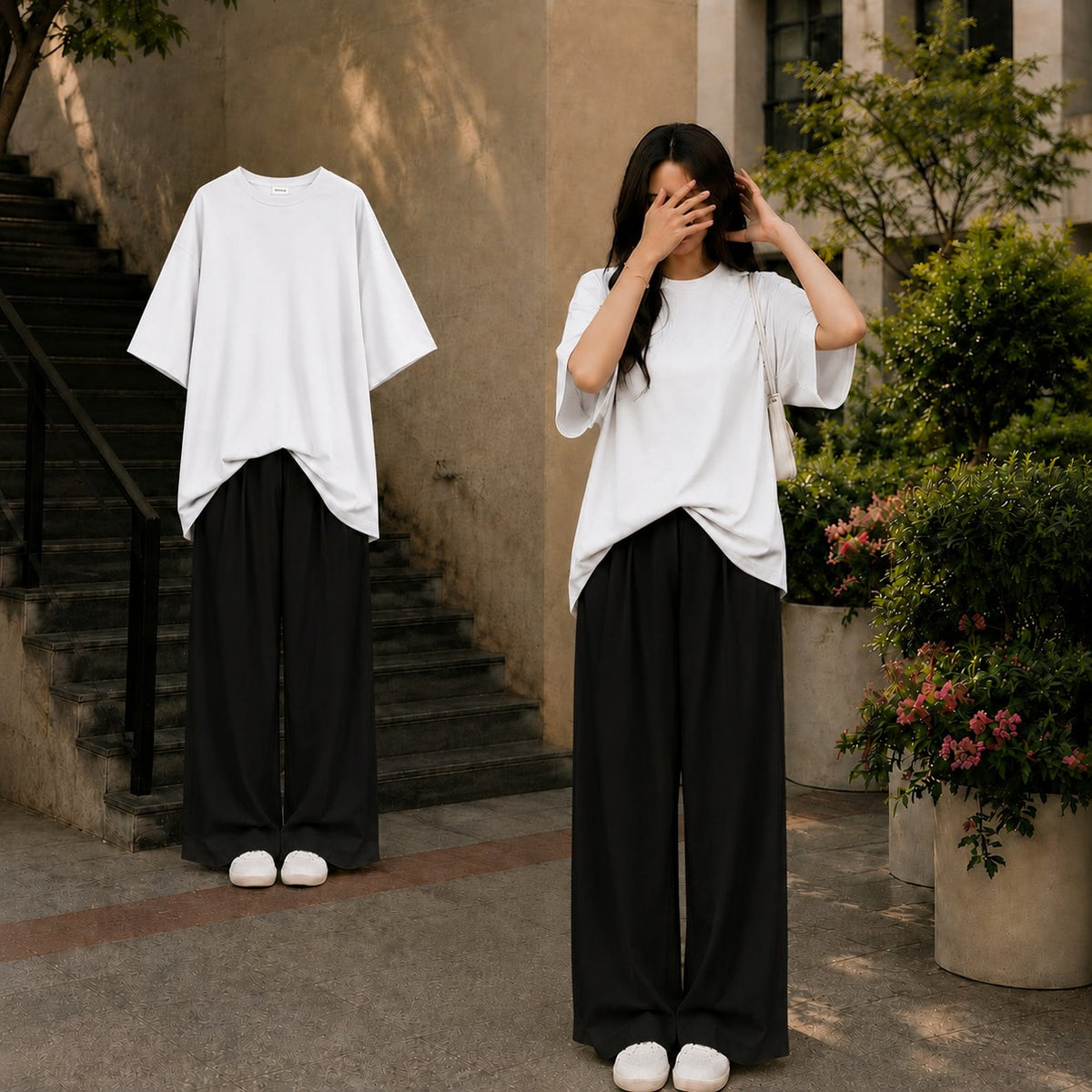Oversized White Tee With Black Flapper