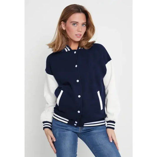 Women's Button Down Baseball Varsity Bomber Jacket Blue
