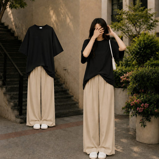 Black Oversized Tee With Beige Flapper