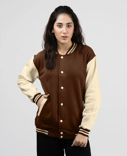 Women's Button Down Baseball Varsity Bomber Jacket Brown