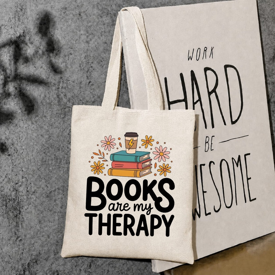 Books Are My Therapy Printed Tote Bag