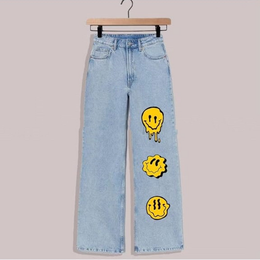 Ice blue three emoji wide leg jeans