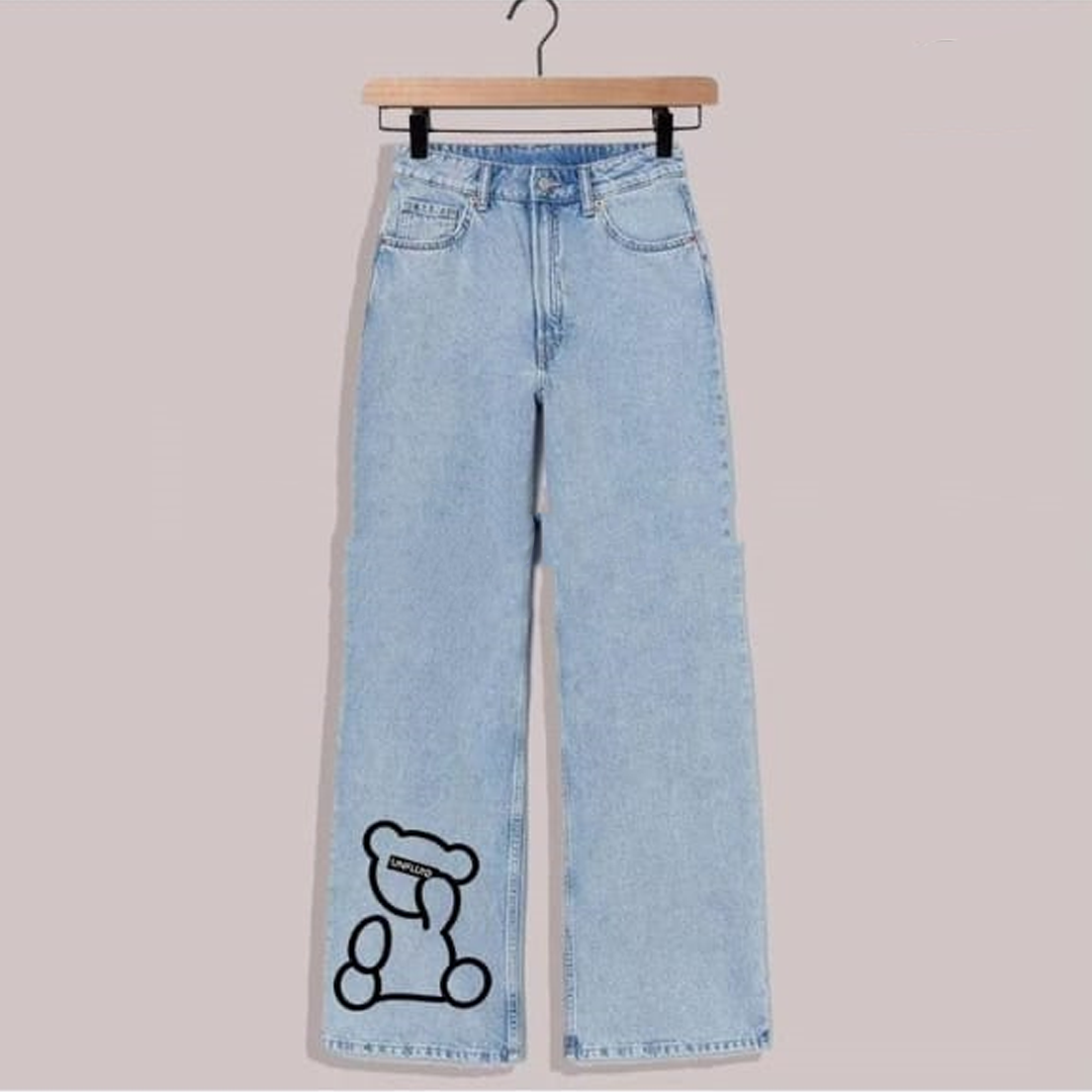Ice blue bear wide leg jeans
